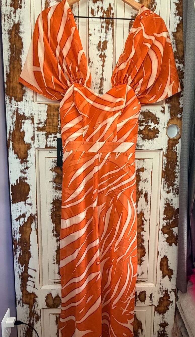 Marciano Puff Sleeve Jumpsuit Size 0 Orange White Animal Print Resort